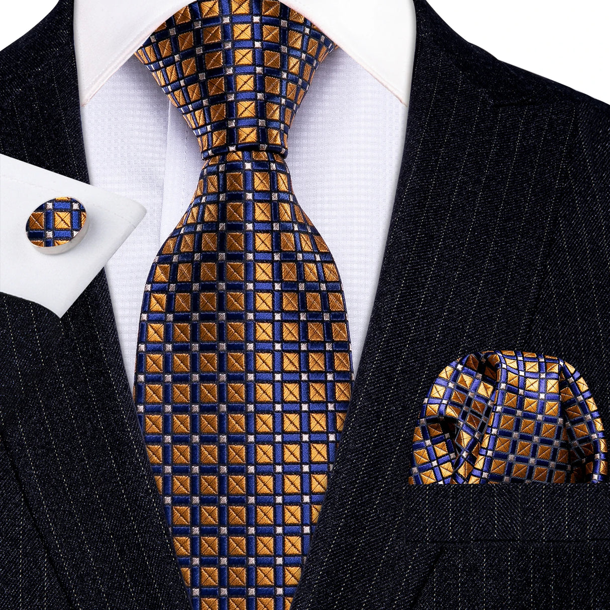 Gold Polka Dot Jacquard Silk Pocket Square Cufflinks Tie Set