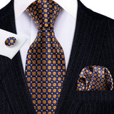 Gold Polka Dot Jacquard Silk Pocket Square Cufflinks Tie Set