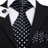 Black Polka Dot Jacquard Silk Pocket Square Cufflinks Tie Set