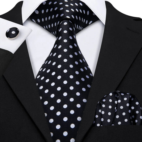 Black Polka Dot Jacquard Silk Pocket Square Cufflinks Tie Set