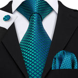 Blue Polka Dot Jacquard Silk Pocket Square Cufflinks Tie Set