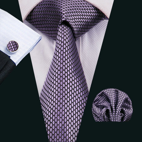 Purple Polka Dot Jacquard Silk Pocket Square Cufflinks Tie Set