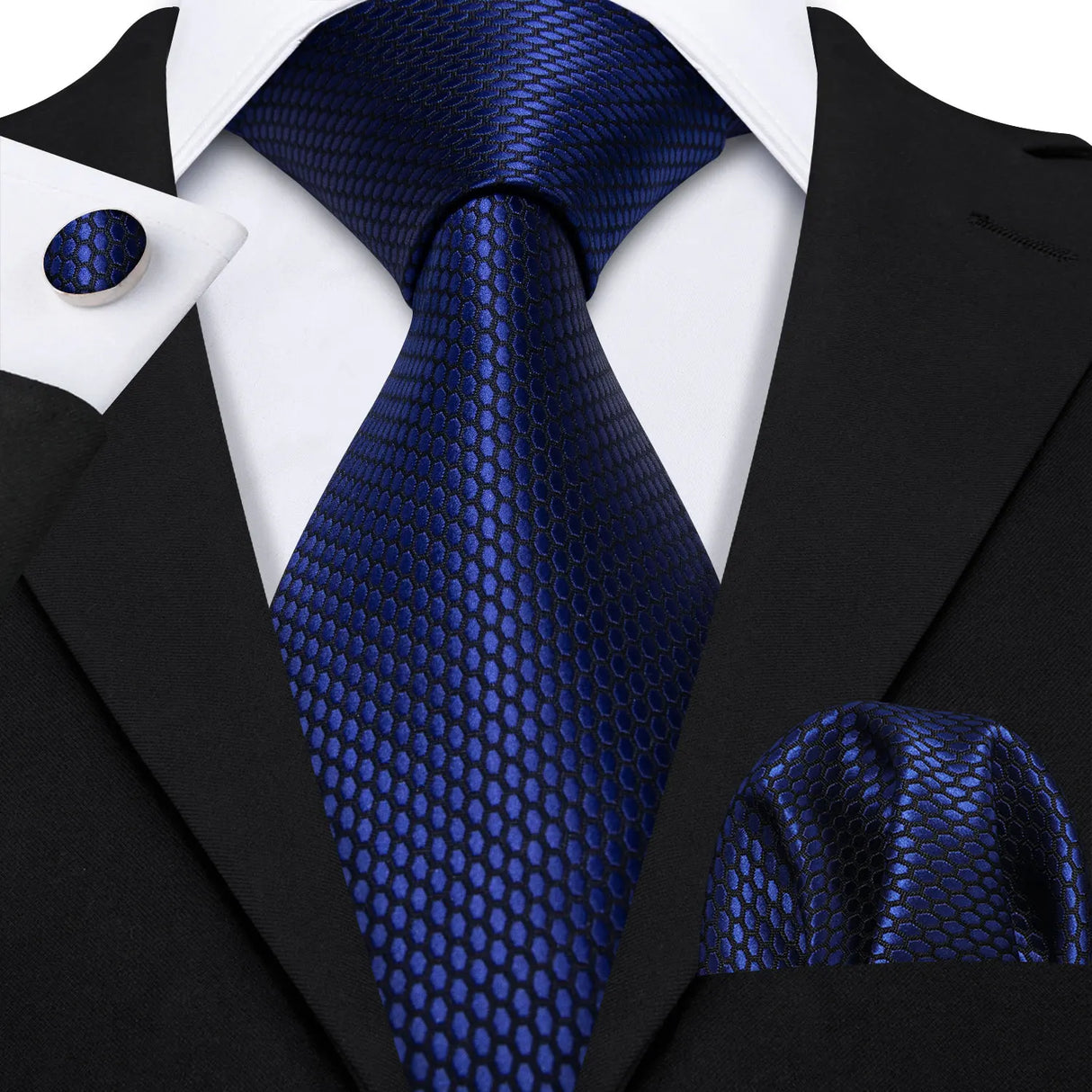Blue Polka Dot Jacquard Silk Pocket Square Cufflinks Tie Set