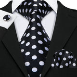 Black Polka Dot Jacquard Silk Pocket Square Cufflinks Tie Set