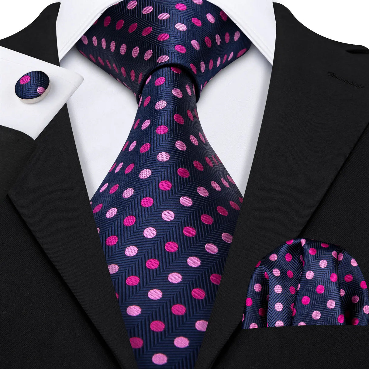 Pink Polka Dot Jacquard Silk Pocket Square Cufflinks Tie Set