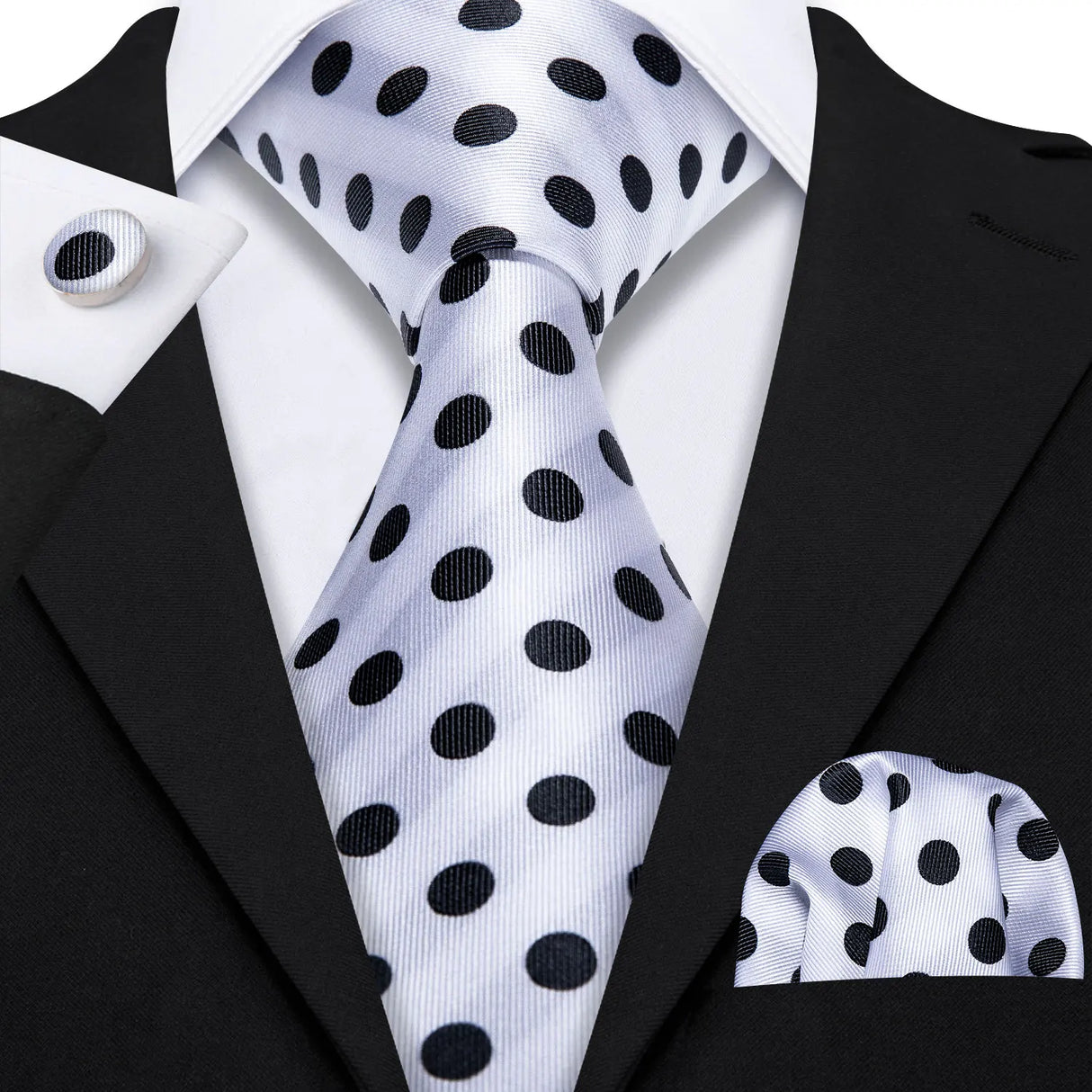 White Polka Dot Jacquard Silk Pocket Square Cufflinks Tie Set