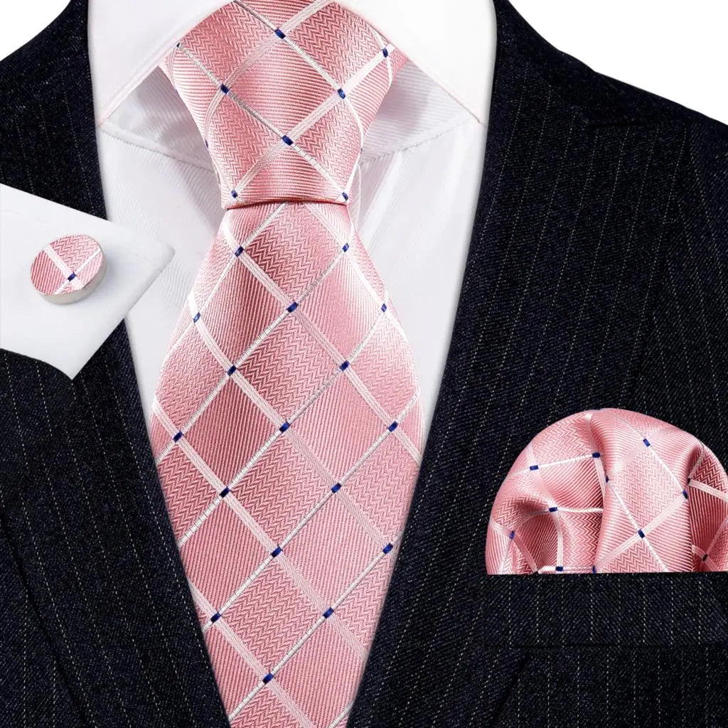 Pink Polka Dot Jacquard Silk Pocket Square Cufflinks Tie Set