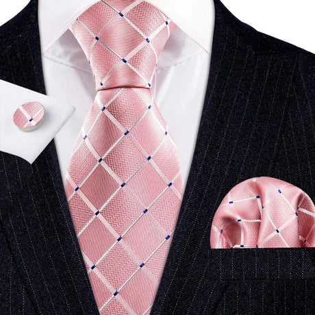 Pink Polka Dot Jacquard Silk Pocket Square Cufflinks Tie Set