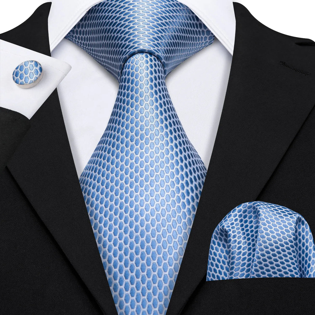 Blue Polka Dot Jacquard Silk Pocket Square Cufflinks Tie Set