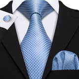 Blue Polka Dot Jacquard Silk Pocket Square Cufflinks Tie Set