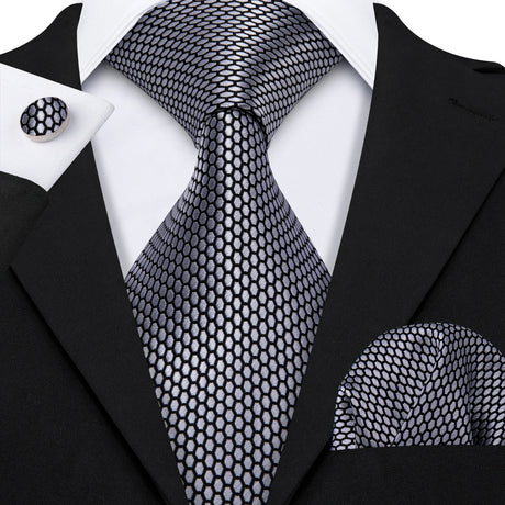 Black Polka Dot Jacquard Silk Pocket Square Cufflinks Tie Set