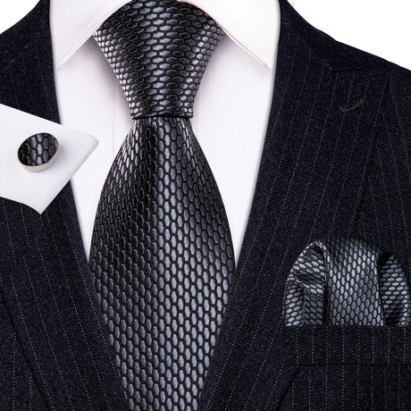 Black Polka Dot Jacquard Silk Pocket Square Cufflinks Tie Set