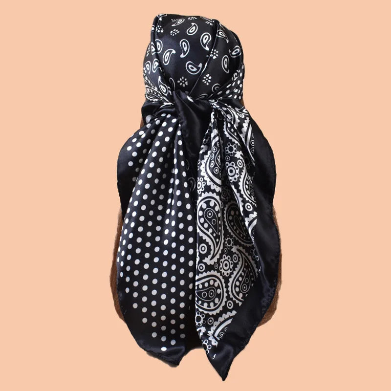 Black Polka Dot Square Twill Silk Scarf Shawl Hijab Bandana