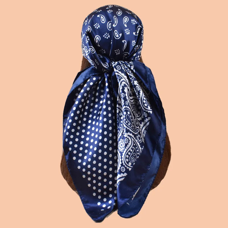 Blue Polka Dot Square Twill Silk Scarf Shawl Hijab Bandana
