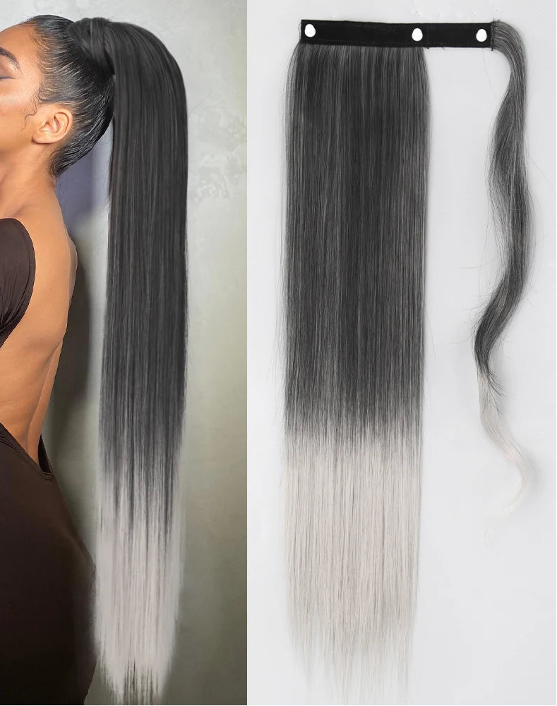 Gray Ponytail Hair Extension Synthetic Long Straight Wrap