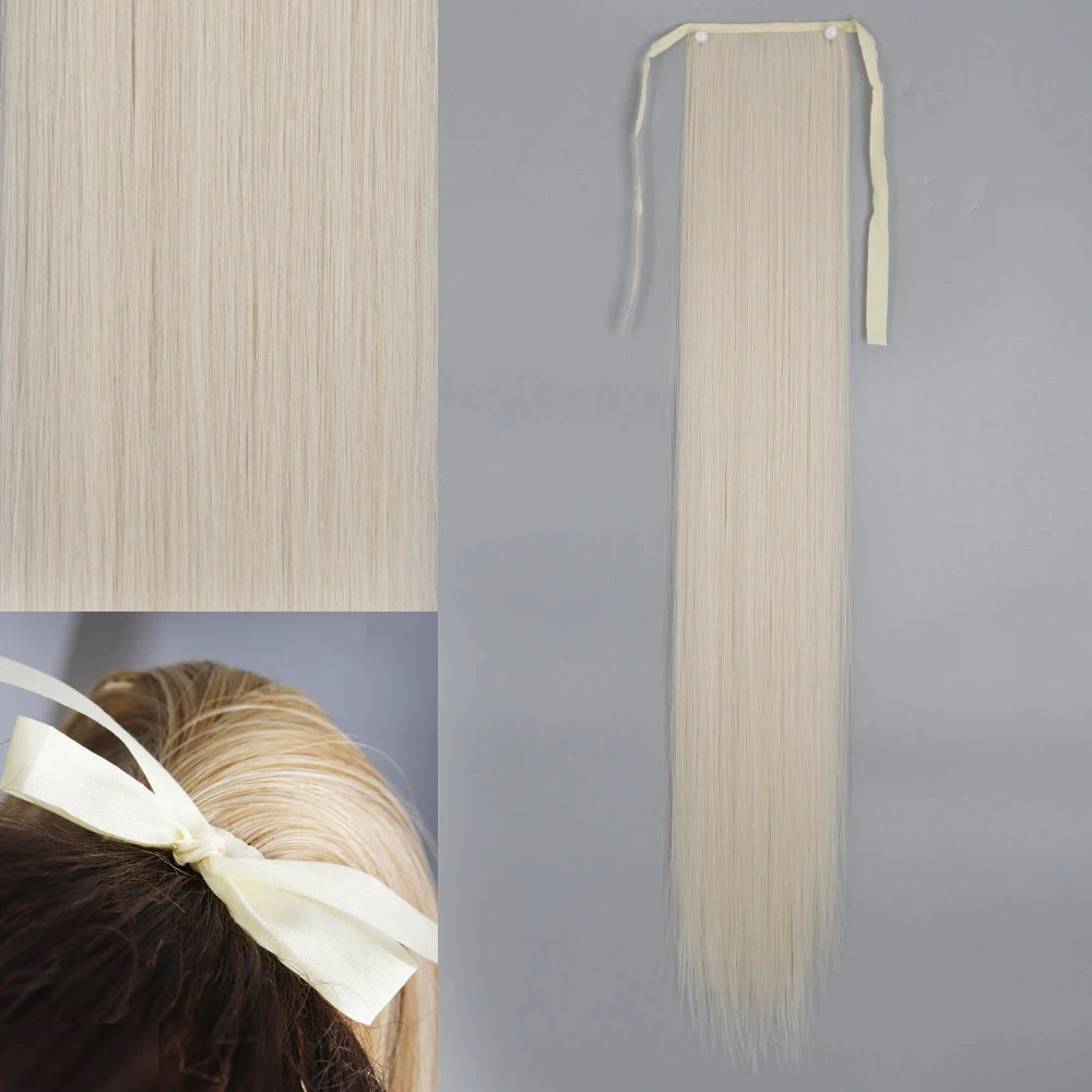 White Ponytail Hair Extension Synthetic Long Straight Wrap