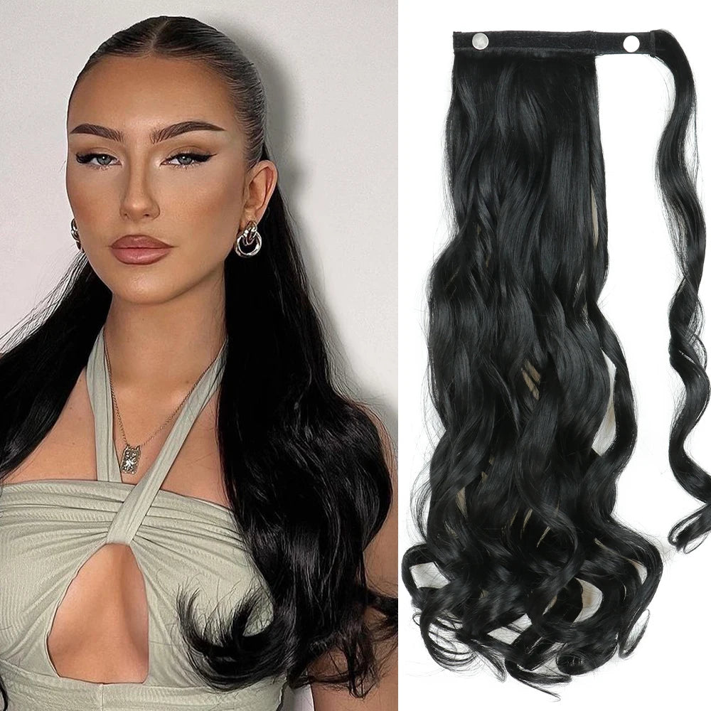 Black Ponytail Hair Extension Synthetic Long Straight Wrap