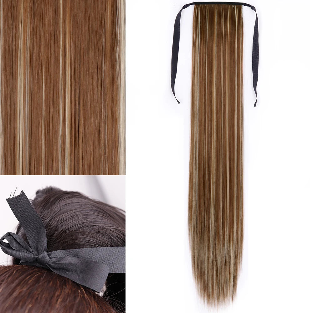 Brown Highlight Ponytail Hair Extension Synthetic Long Straight Wrap