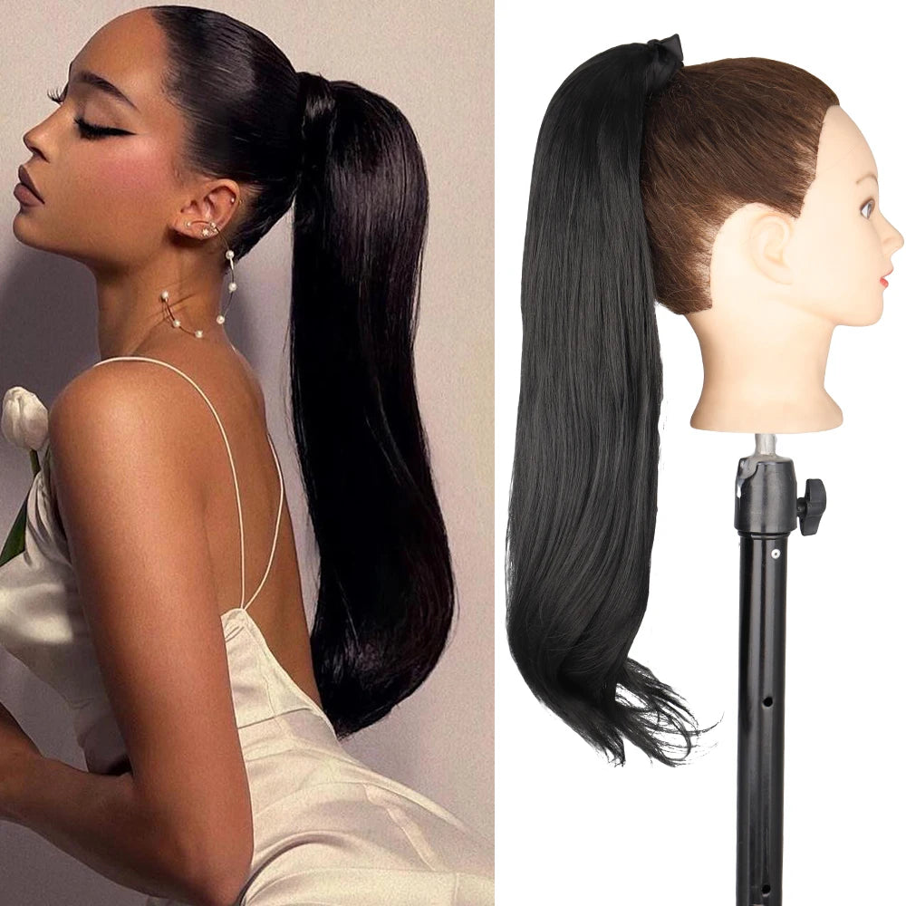 Black Ponytail Hair Extension Synthetic Long Straight Wrap
