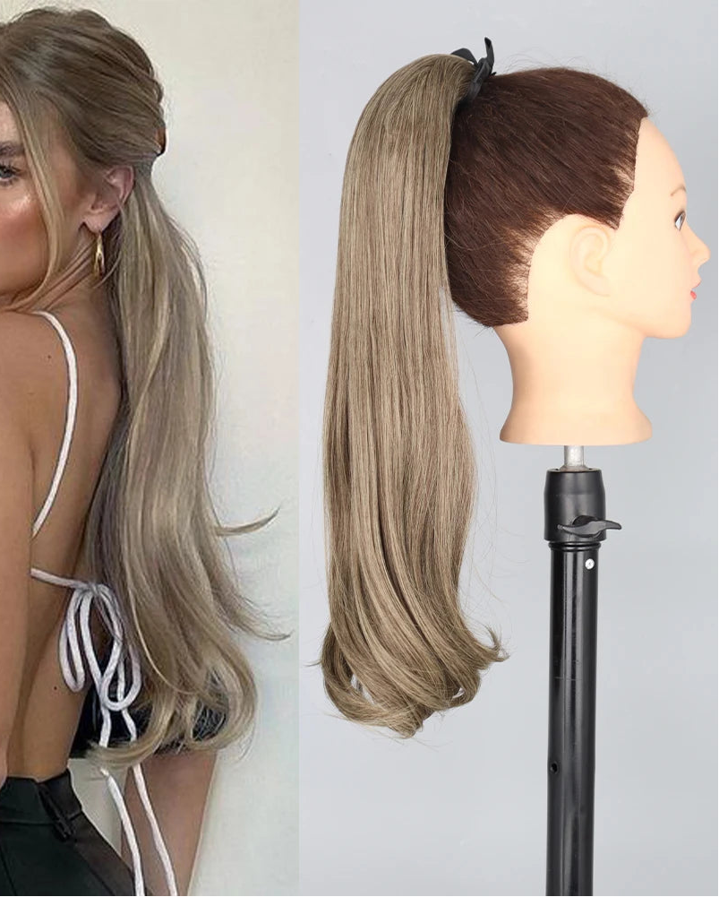 Gray Ponytail Hair Extension Synthetic Long Straight Wrap