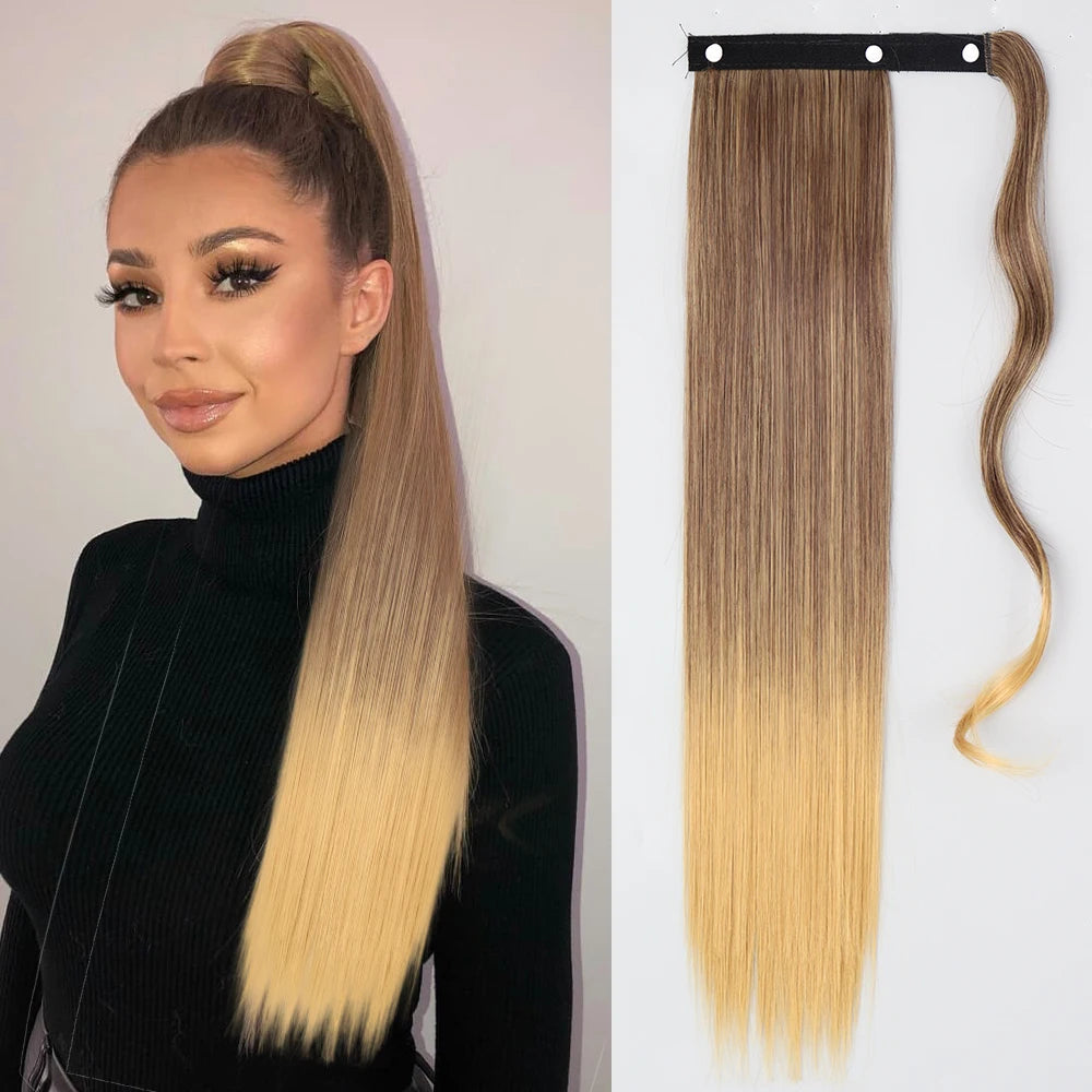 Brown Ponytail Hair Extension Synthetic Long Straight Wrap