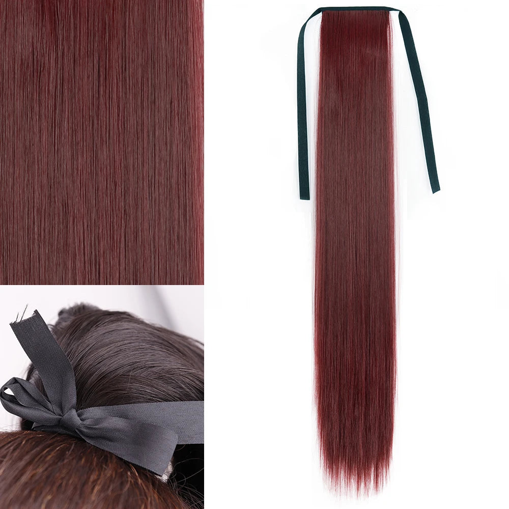 Red Ponytail Hair Extension Synthetic Long Straight Wrap