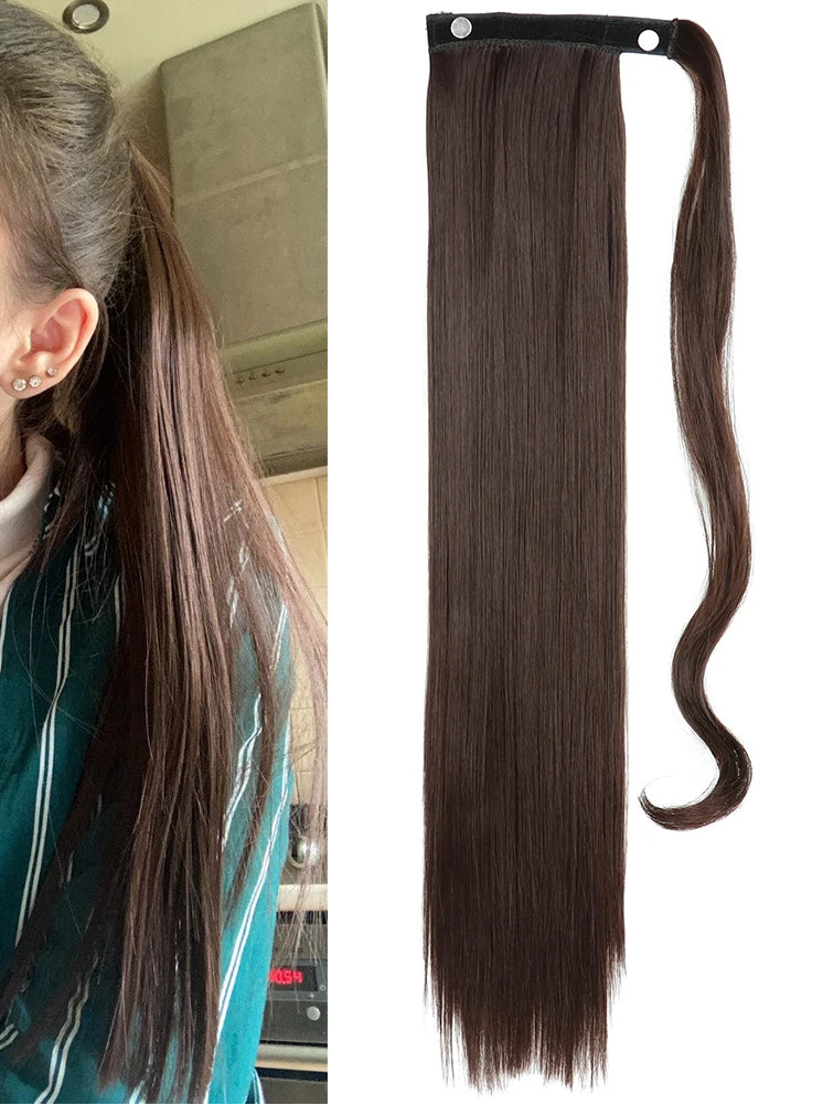 Brown Ponytail Hair Extension Synthetic Long Straight Wrap
