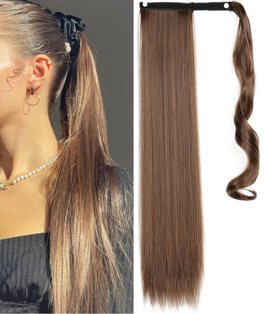 Brown Ponytail Hair Extension Synthetic Long Straight Wrap