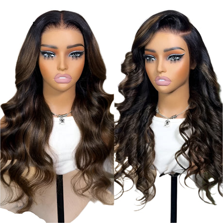 Pre Cut Brown Balayage Body Wave Human Hair Lace Front Wig black highlight brown 