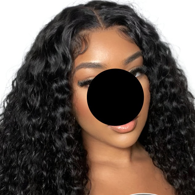 model using Pre Cut Pre Bleached 7x5 100% Human Hair Natural Color Wig black