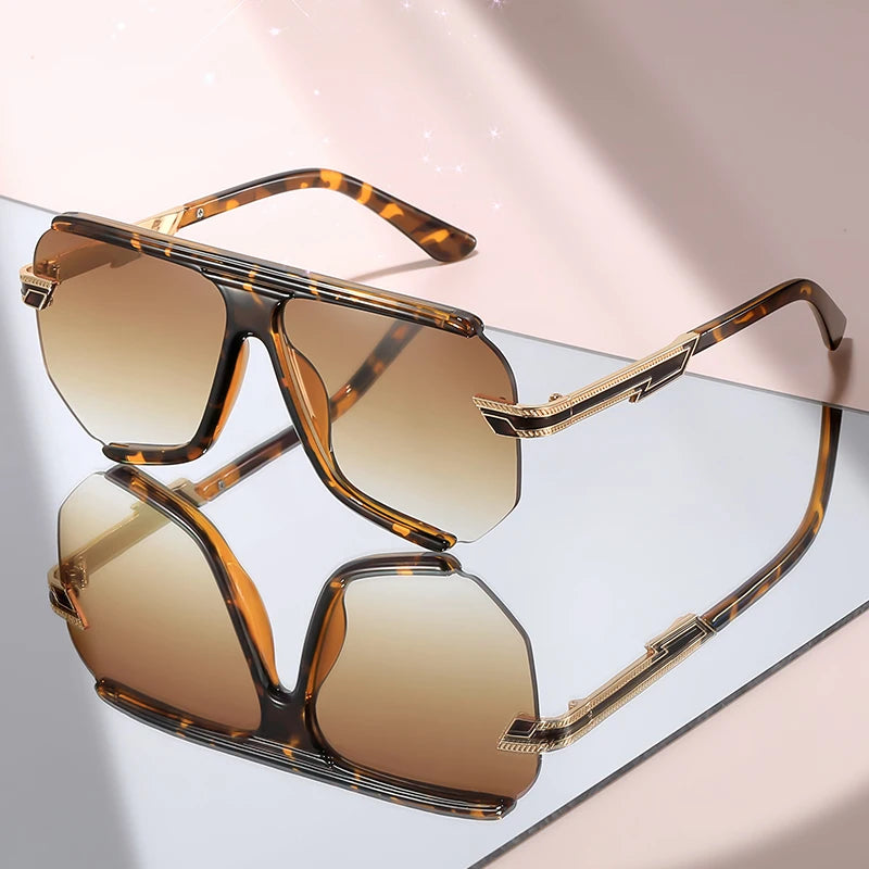 Leopard Premium Metal Detailing Sleek Oversized Pilot Sunglasses