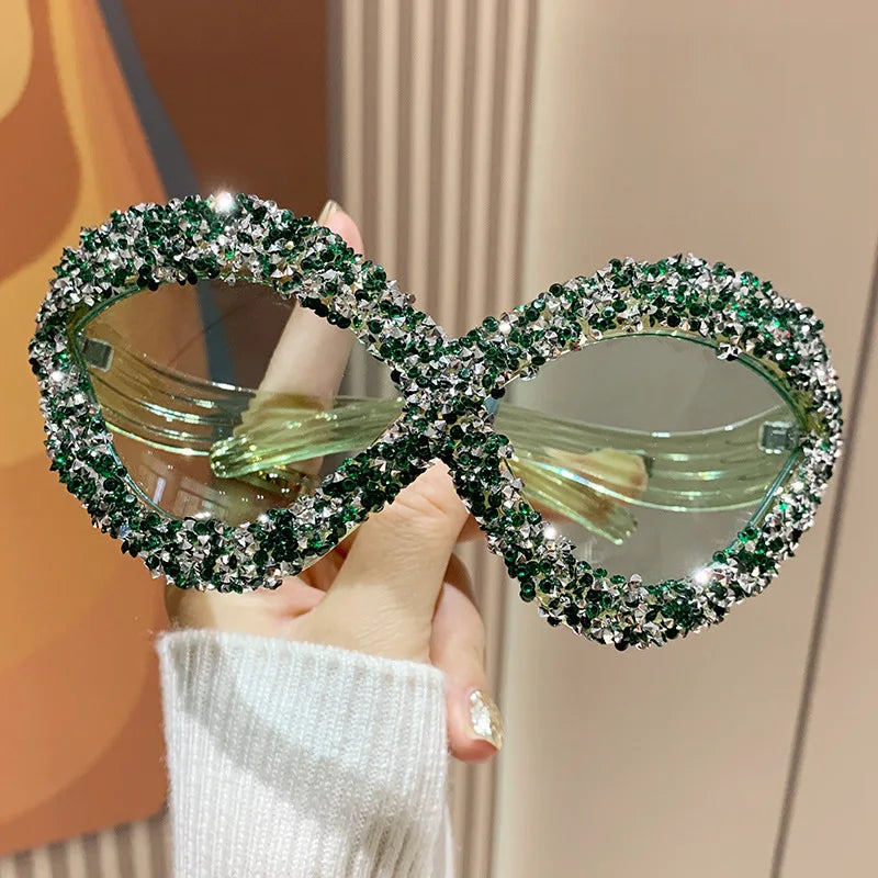 green Punk Diamond Vintage Oversized Sunglasses