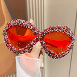 red Punk Diamond Vintage Oversized Sunglasses