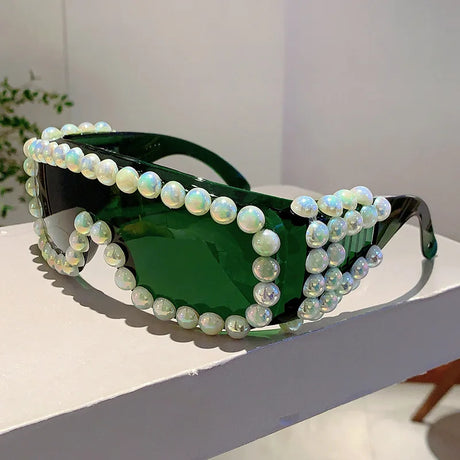 Green Punk Pearl Oversized Square Sunglasses