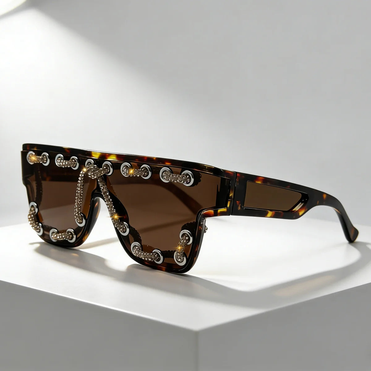 Brown Punk Square Bling Rhinestone Decor Sunglasses