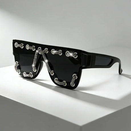 Black Punk Square Bling Rhinestone Decor Sunglasses