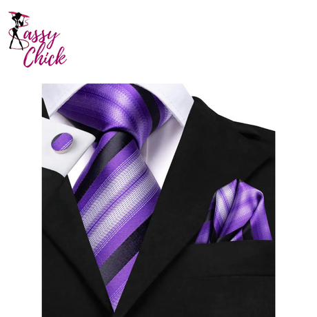 Purple Black Striped Silk Hanky Cufflink Tie Sassy Chick Logo