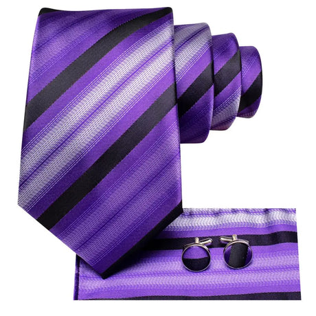 Purple Black Striped Silk Hanky Cufflink Tie
