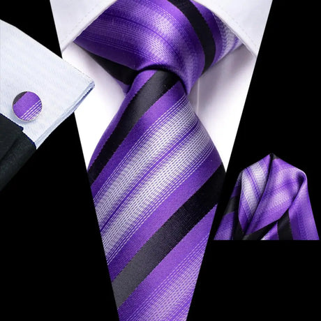 Purple Black Striped Silk Hanky Cufflink Tie