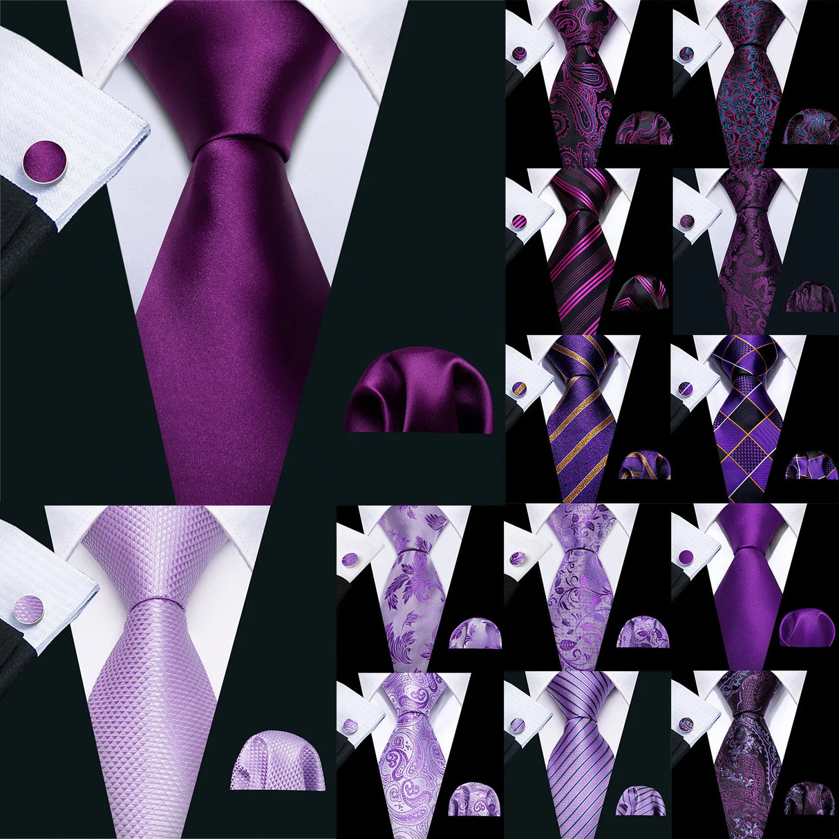 Collection of Purple Lilac Lavender Silk Handkerchief Cufflink Tie