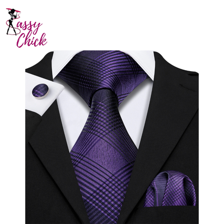 Purple Silk Jacquard Handkerchief Cufflinks Tie Set Sassy Chick Logo