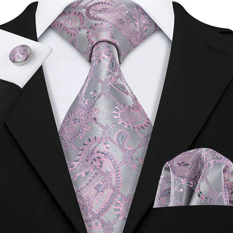 Gray Purple Silk Jacquard Handkerchief Cufflinks Tie Set