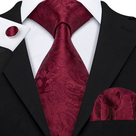 Red Purple Jacquard Handkerchief Cufflinks Tie Set