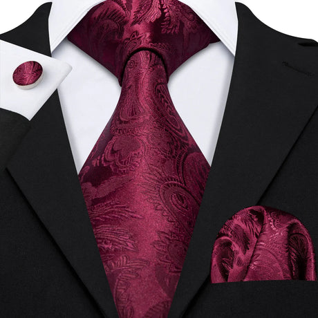 Red Purple Silk Jacquard Handkerchief Cufflinks Tie Set