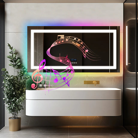 Large rectangular RGB LED backlit bathroom mirror with Bluetooth speaker, wall-mounted