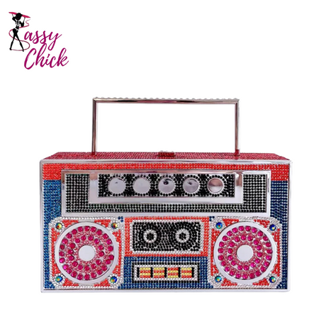 Radio Shape Metal Handle Evening Clutch Bag Sassy Chick Logo