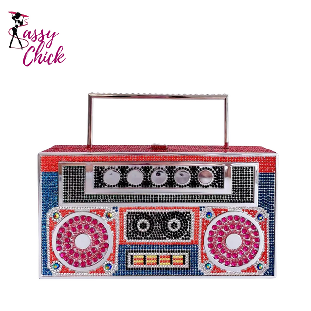 Radio Shape Metal Handle Evening Clutch Bag Sassy Chick Logo