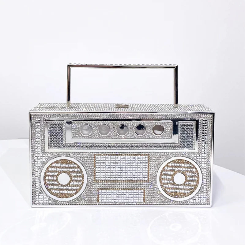 Silver Radio Shape Metal Handle Evening Clutch Bag