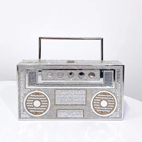 Silver Radio Shape Metal Handle Evening Clutch Bag