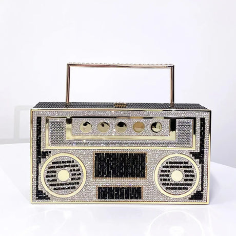 Silver Black Radio Shape Metal Handle Evening Clutch Bag